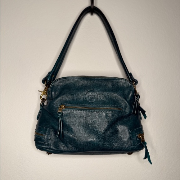 Wanderers Travel Co Leather Teal Shoulder Bag Zipper Pockets - Picture 1 of 9